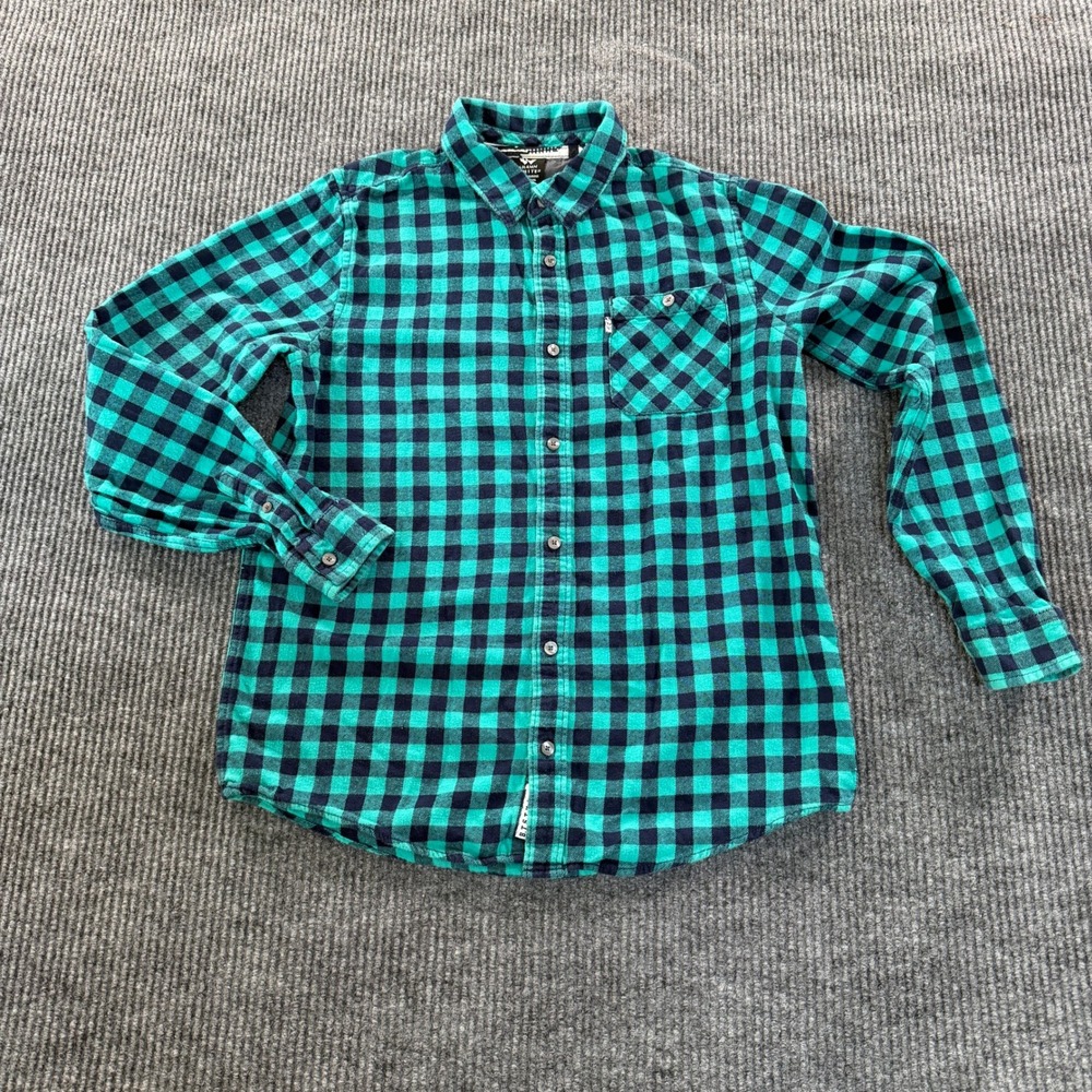 Shaun White Mens Flannel Button Down Shirt XL Teal Black Buffalo Plaid Cotton